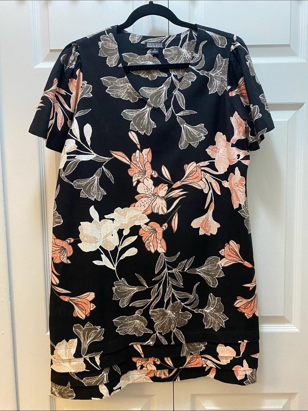 Nicole Miller Original Black Floral Linen Blend Midi Dress w/Layered Hem Size M
